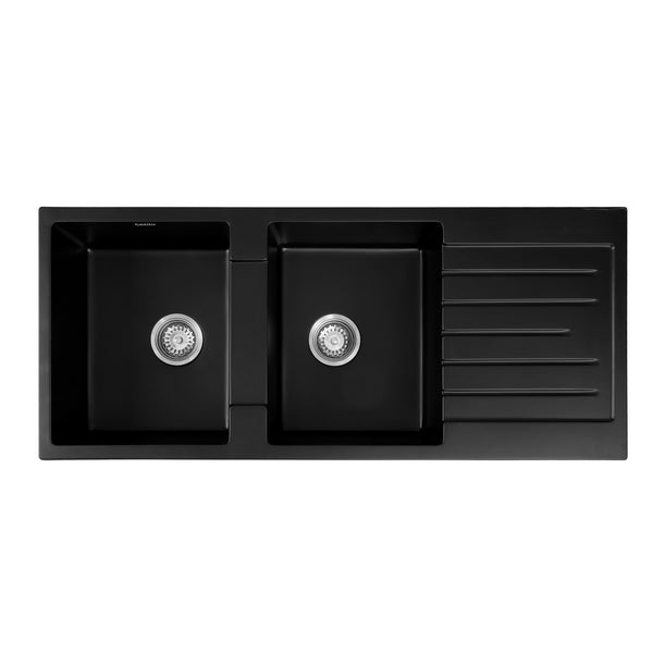 Cefito Kitchen Sink 116x50cm Granite Stone Sink Double Bowl Black Awezingly