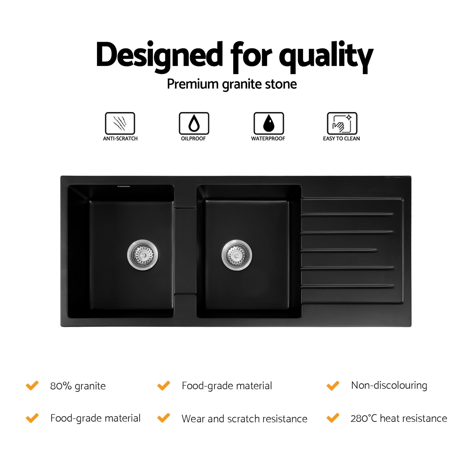 Cefito Kitchen Sink 116x50cm Granite Stone Sink Double Bowl Black Awezingly