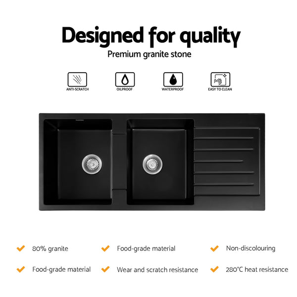 Cefito Kitchen Sink 116x50cm Granite Stone Sink Double Bowl Black Awezingly