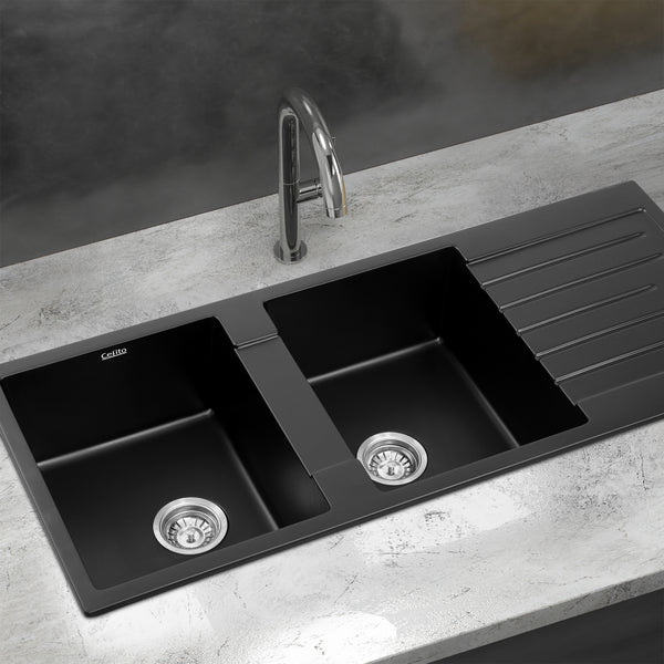 Cefito Kitchen Sink 116x50cm Granite Stone Sink Double Bowl Black Awezingly