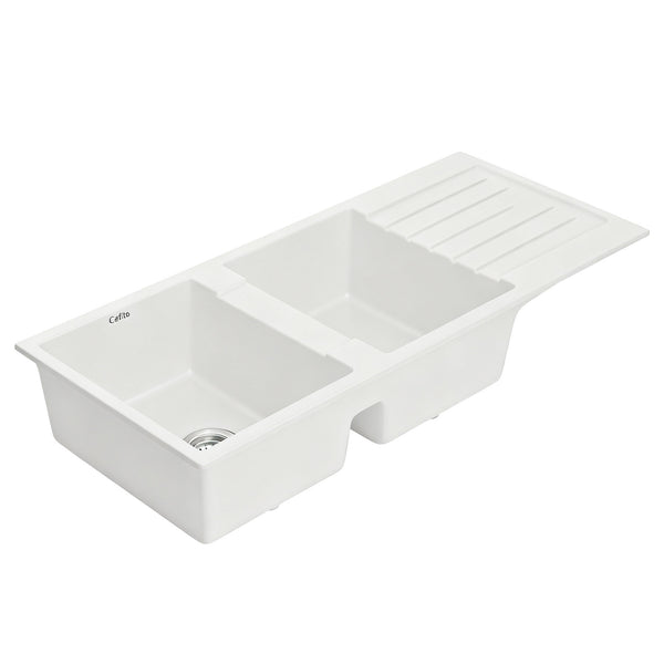 Cefito Kitchen Sink 116x50cm Granite Stone Sink Double Bowl White Awezingly