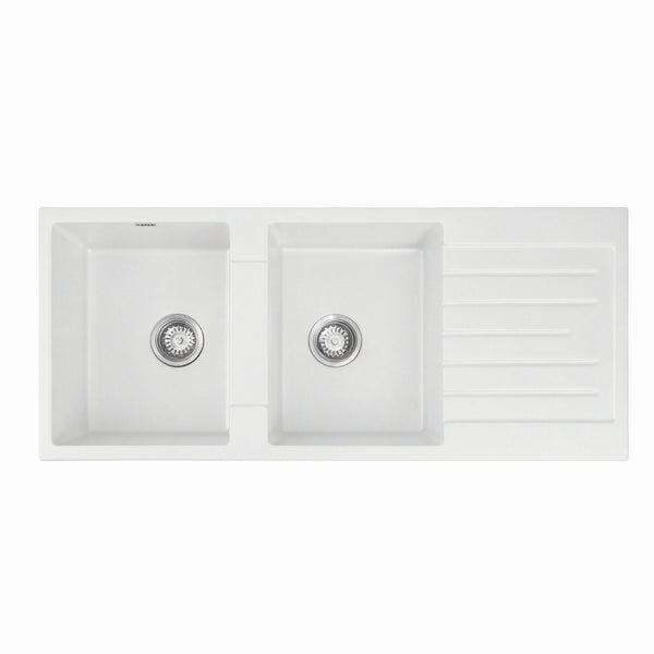 Cefito Kitchen Sink 116x50cm Granite Stone Sink Double Bowl White Awezingly