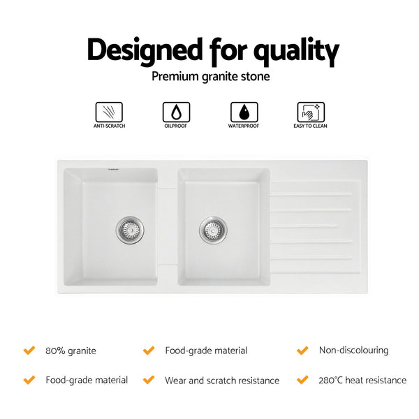 Cefito Kitchen Sink 116x50cm Granite Stone Sink Double Bowl White Awezingly