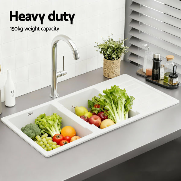Cefito Kitchen Sink 116x50cm Granite Stone Sink Double Bowl White Awezingly
