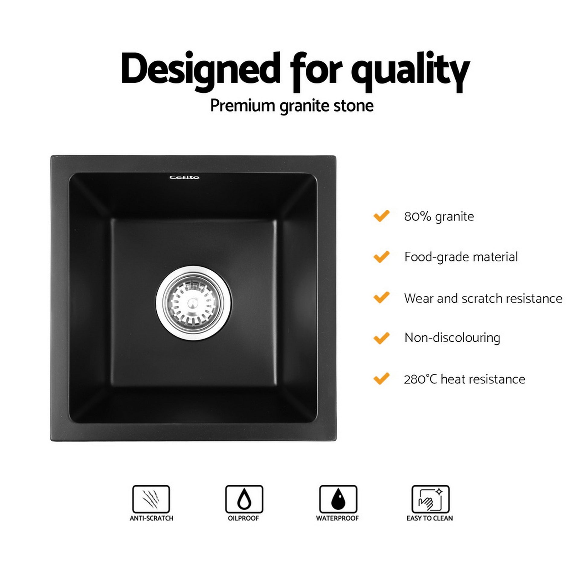 Cefito Kitchen Sink 38x38cm Granite Stone Sink Single Bowl Black Awezingly