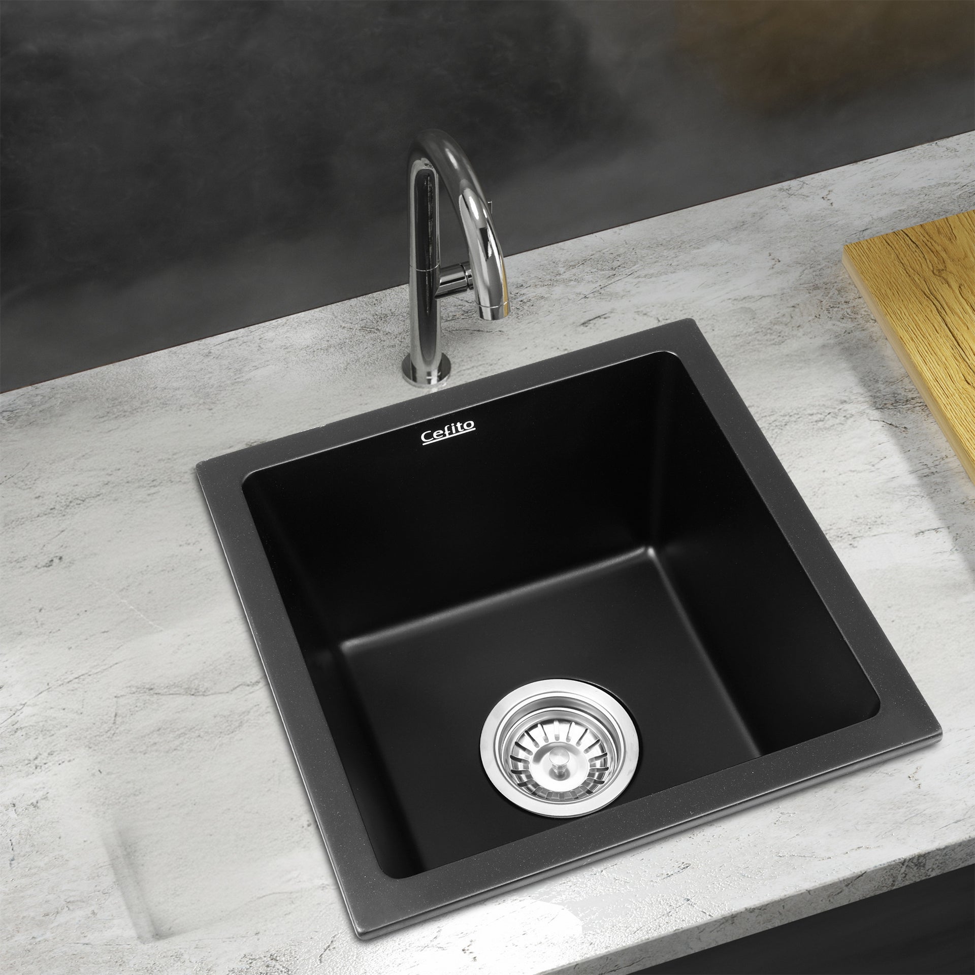 Cefito Kitchen Sink 38x38cm Granite Stone Sink Single Bowl Black Awezingly