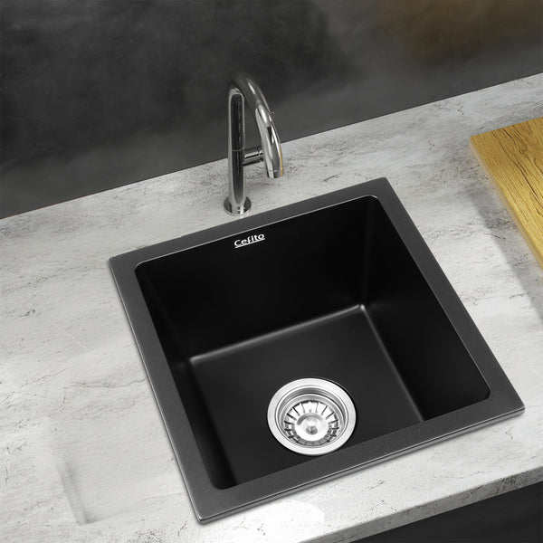 Cefito Kitchen Sink 38x38cm Granite Stone Sink Single Bowl Black Awezingly