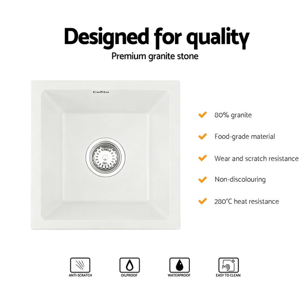 Cefito Kitchen Sink 38x38cm Granite Stone Sink Single Bowl White Awezingly