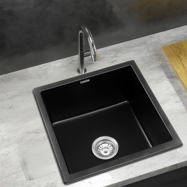 Cefito Kitchen Sink 45x45cm Granite Stone Sink Single Bowl Black Awezingly