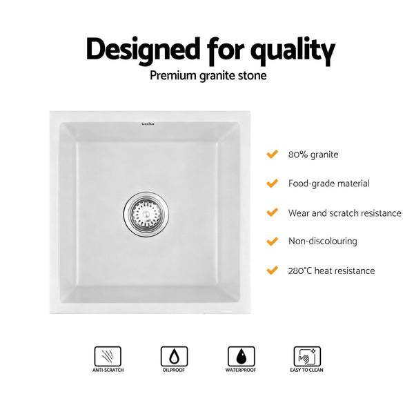 Cefito Kitchen Sink 45x45cm Granite Stone Sink Single Bowl White Awezingly