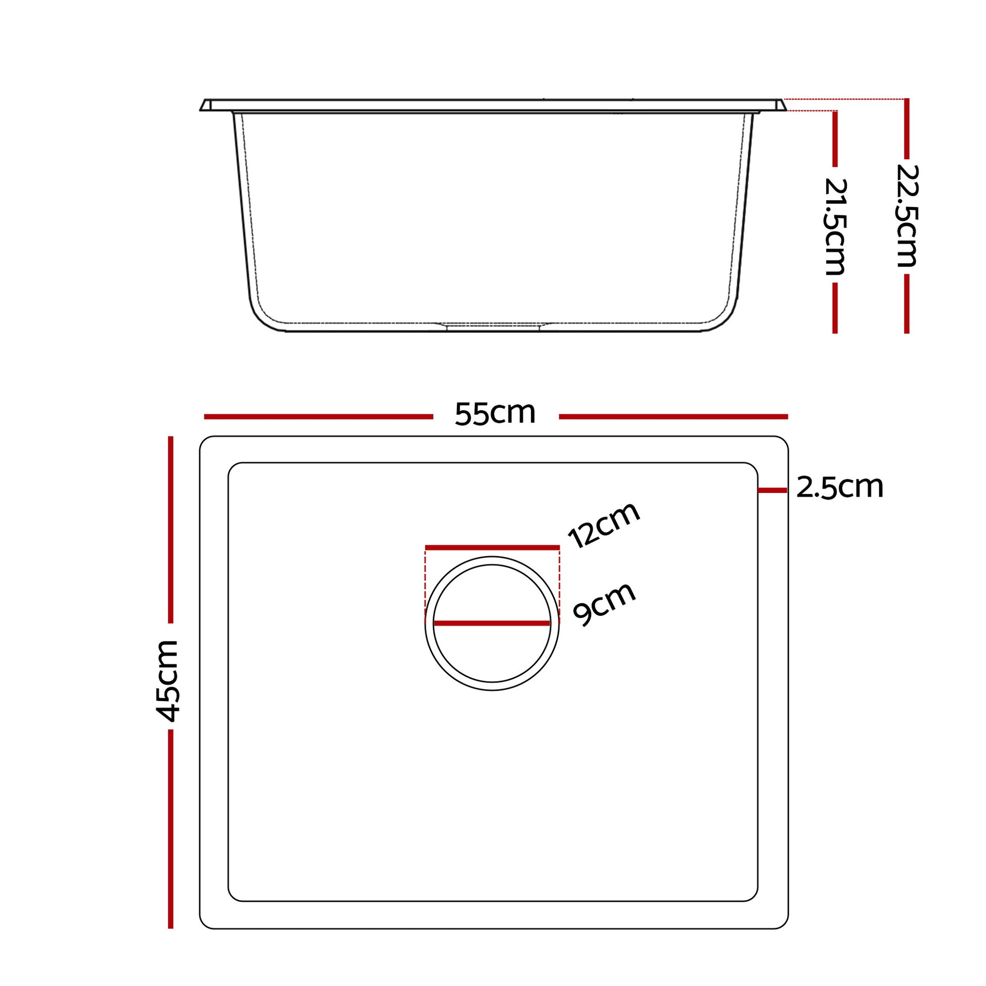 Cefito Kitchen Sink 55x45cm Granite Stone Sink Single Bowl Black Awezingly