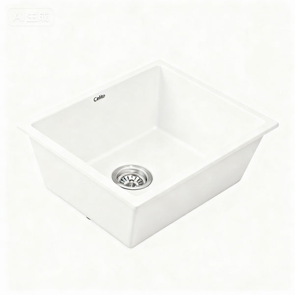 Cefito Kitchen Sink 55x45cm Granite Stone Sink Single Bowl White Awezingly