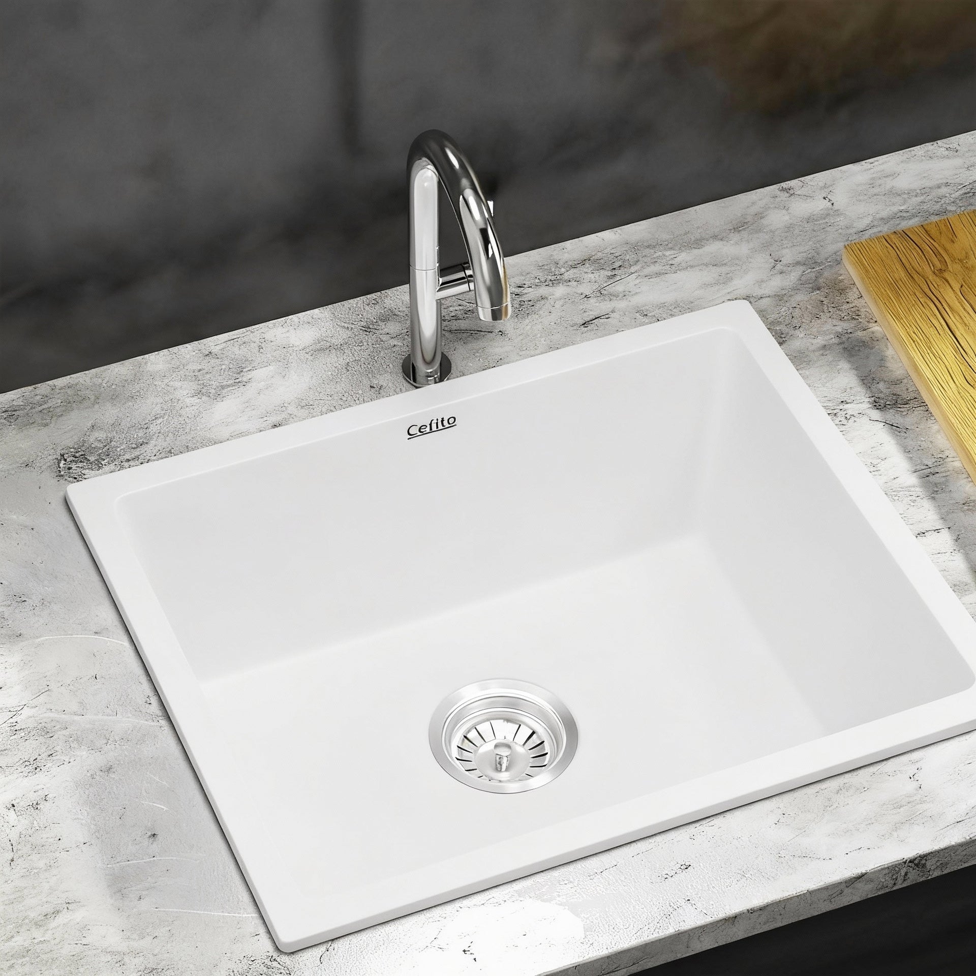 Cefito Kitchen Sink 55x45cm Granite Stone Sink Single Bowl White Awezingly