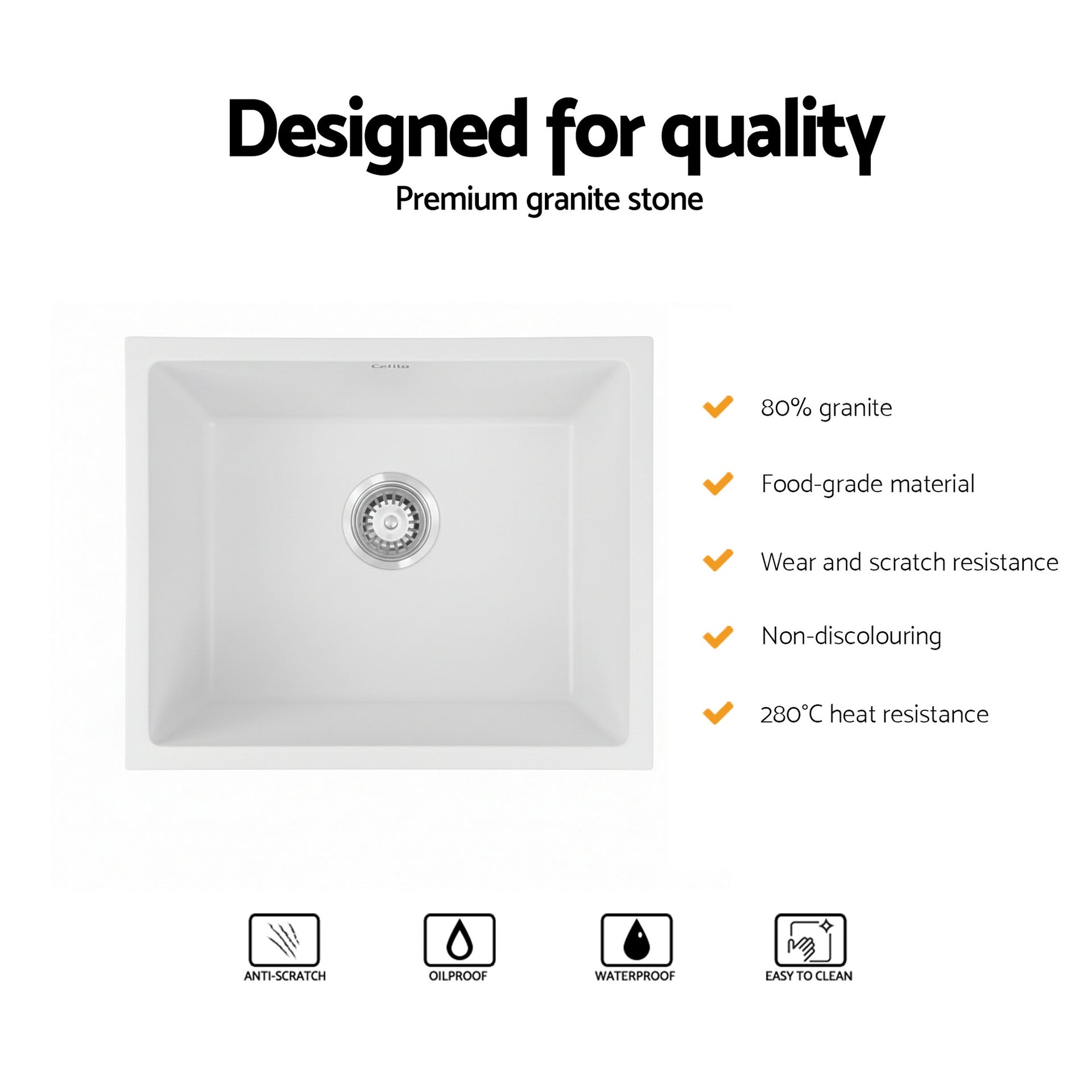 Cefito Kitchen Sink 55x45cm Granite Stone Sink Single Bowl White Awezingly