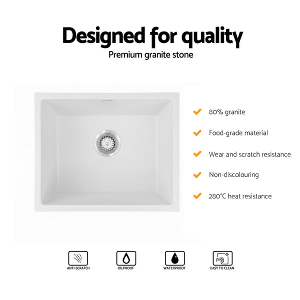 Cefito Kitchen Sink 55x45cm Granite Stone Sink Single Bowl White Awezingly