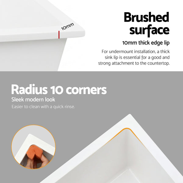 Cefito Kitchen Sink 55x45cm Granite Stone Sink Single Bowl White Awezingly