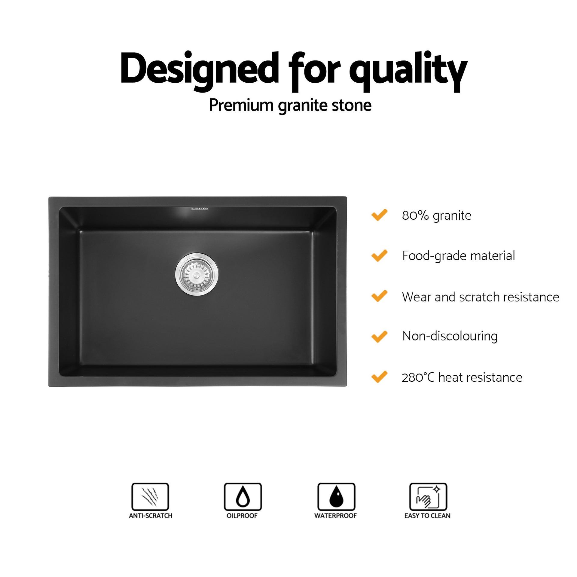 Cefito Kitchen Sink 70x45cm Granite Stone Sink Single Bowl Black Awezingly