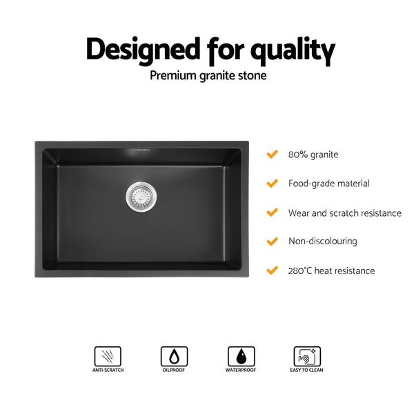 Cefito Kitchen Sink 70x45cm Granite Stone Sink Single Bowl Black Awezingly