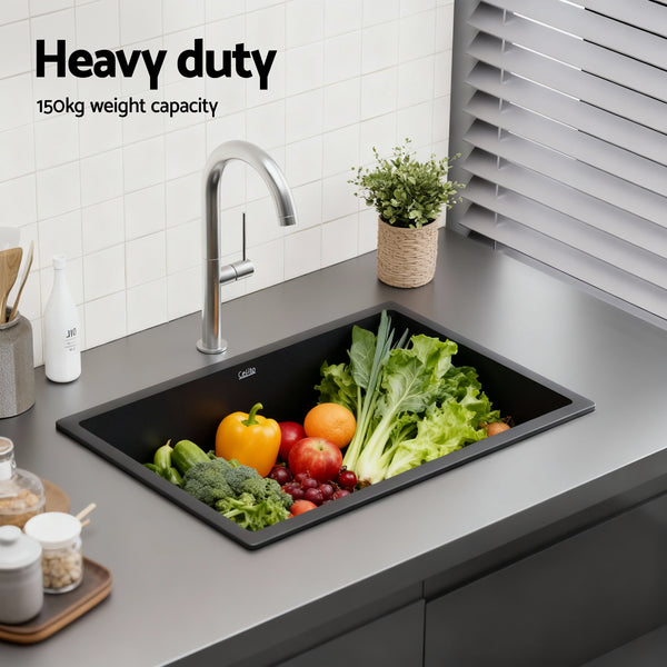 Cefito Kitchen Sink 70x45cm Granite Stone Sink Single Bowl Black Awezingly
