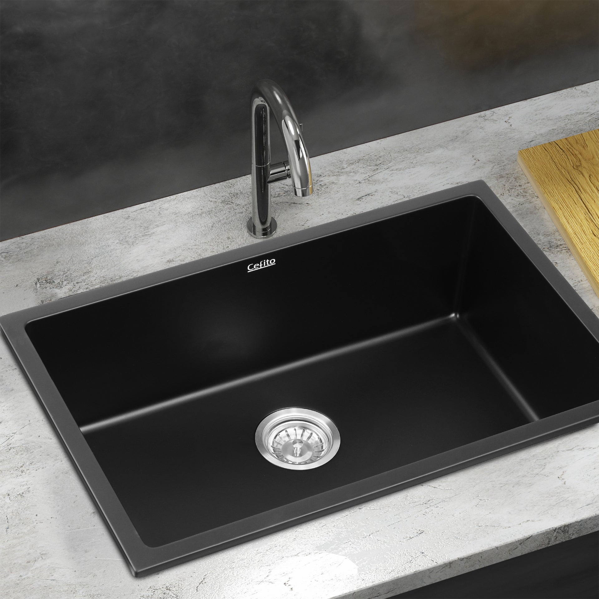 Cefito Kitchen Sink 70x45cm Granite Stone Sink Single Bowl Black Awezingly