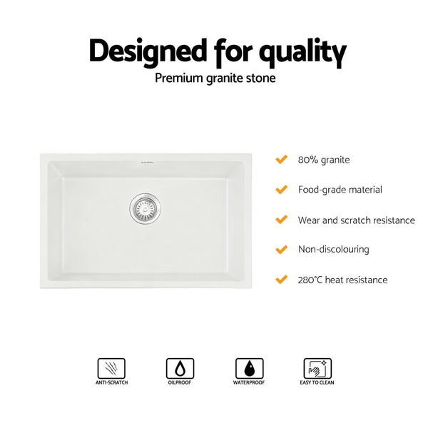 Cefito Kitchen Sink 70x45cm Granite Stone Sink Single Bowl White Awezingly