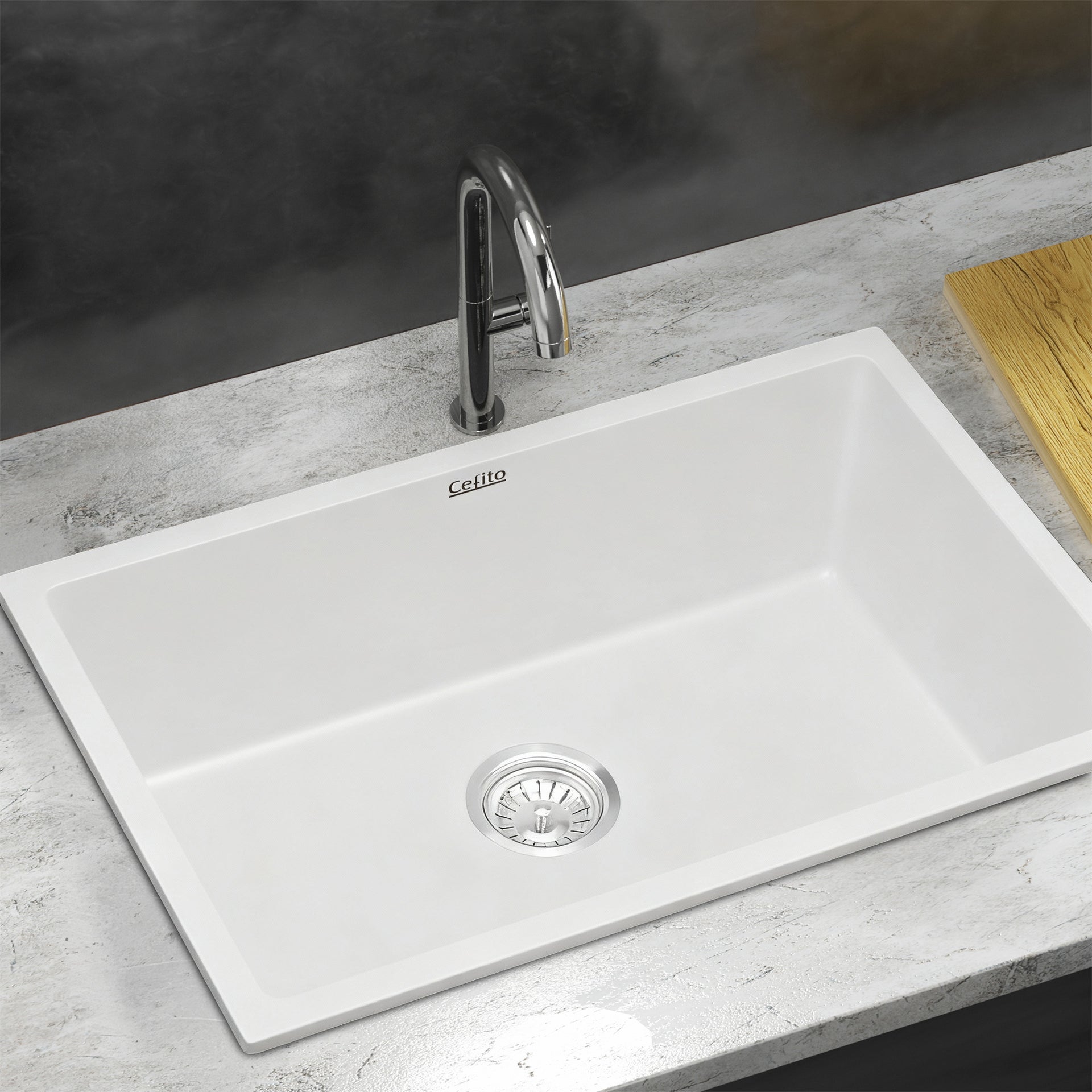 Cefito Kitchen Sink 70x45cm Granite Stone Sink Single Bowl White Awezingly