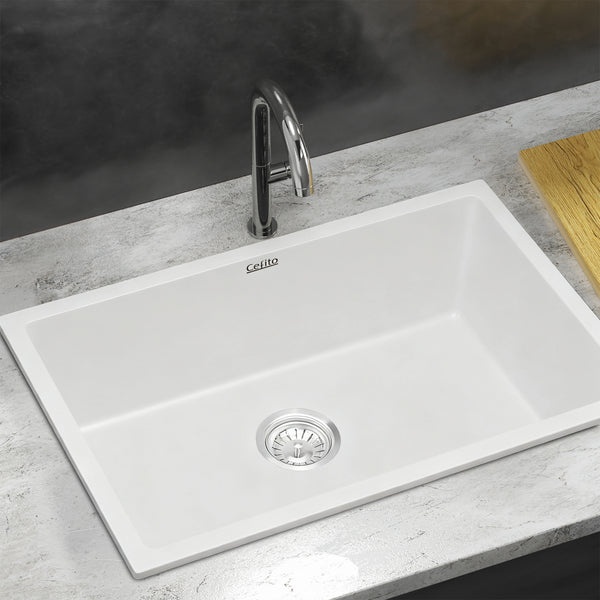 Cefito Kitchen Sink 70x45cm Granite Stone Sink Single Bowl White Awezingly