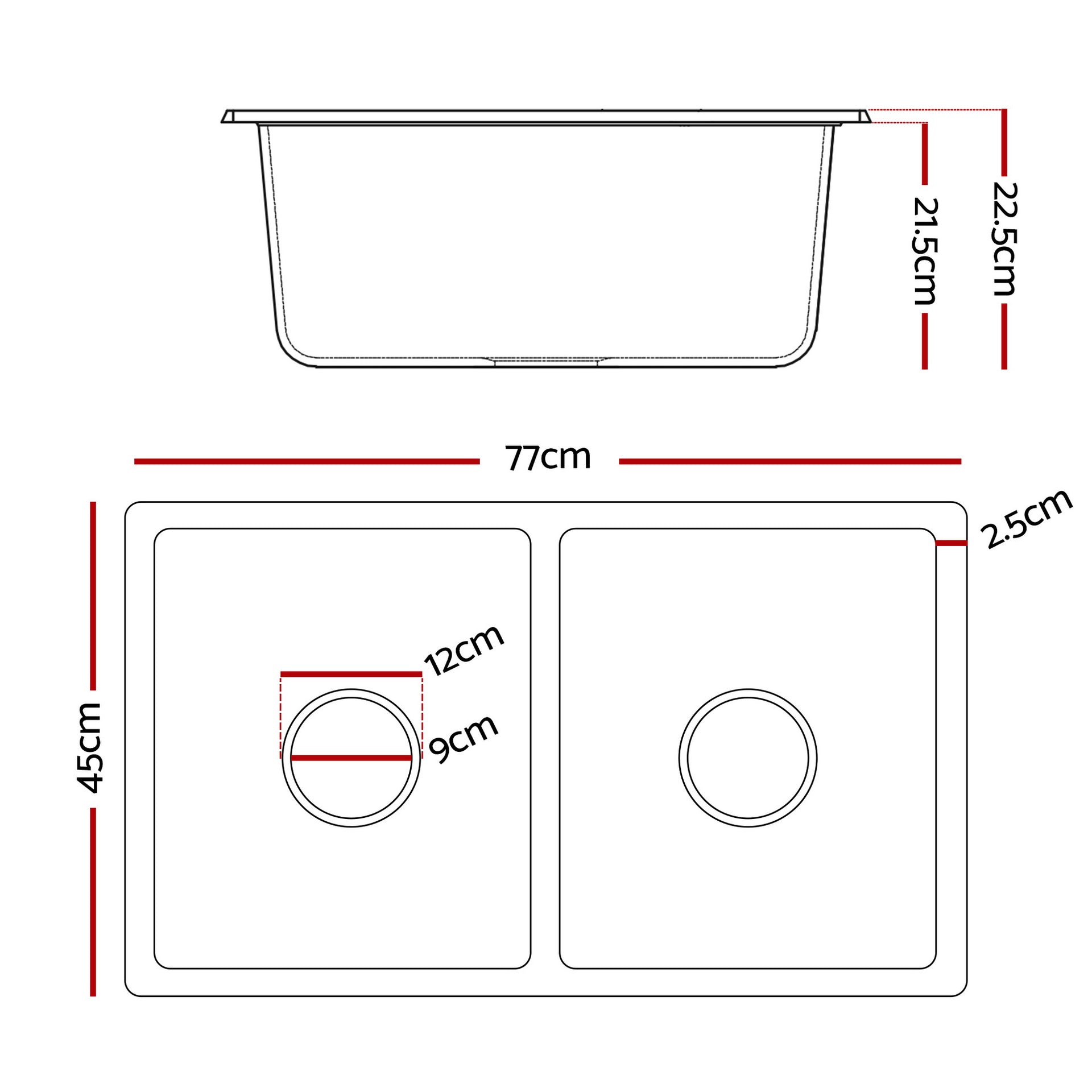 Cefito Kitchen Sink 77x45cm Granite Stone Sink Double Bowl Black Awezingly