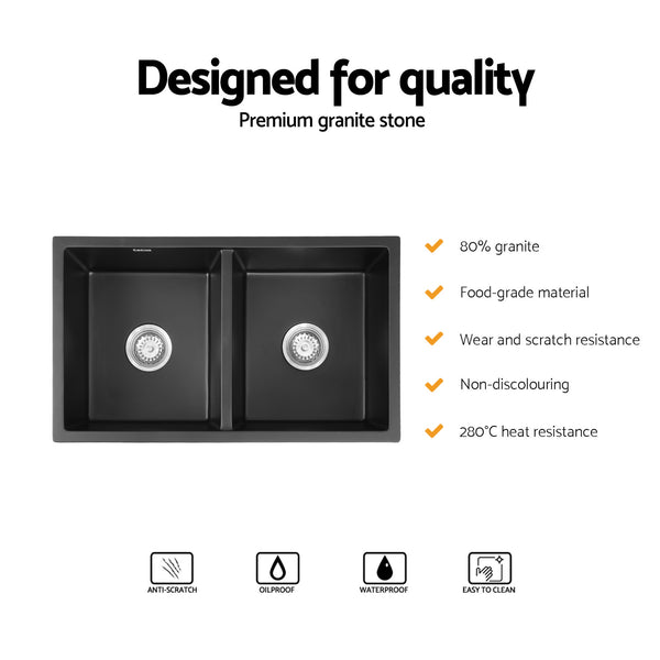 Cefito Kitchen Sink 77x45cm Granite Stone Sink Double Bowl Black Awezingly