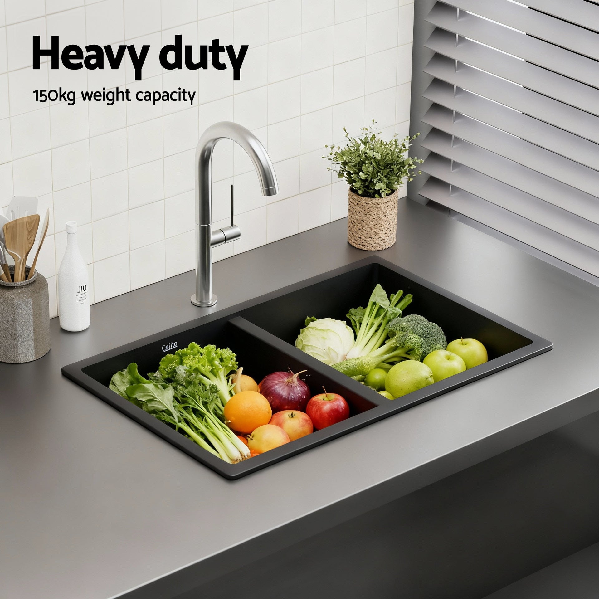 Cefito Kitchen Sink 77x45cm Granite Stone Sink Double Bowl Black Awezingly