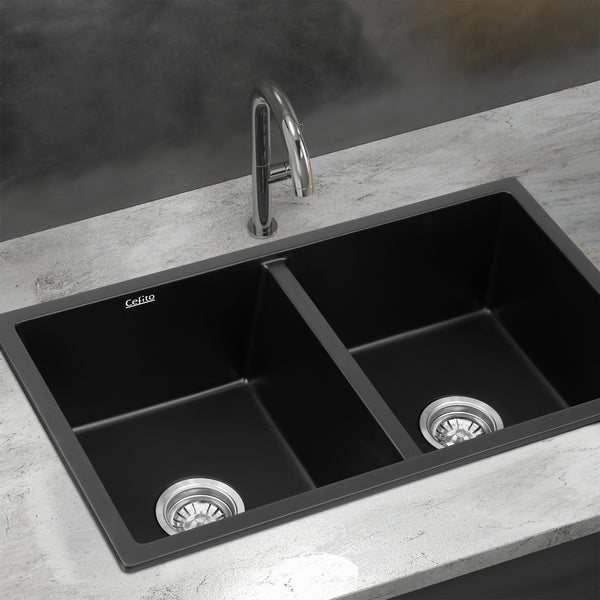 Cefito Kitchen Sink 77x45cm Granite Stone Sink Double Bowl Black Awezingly