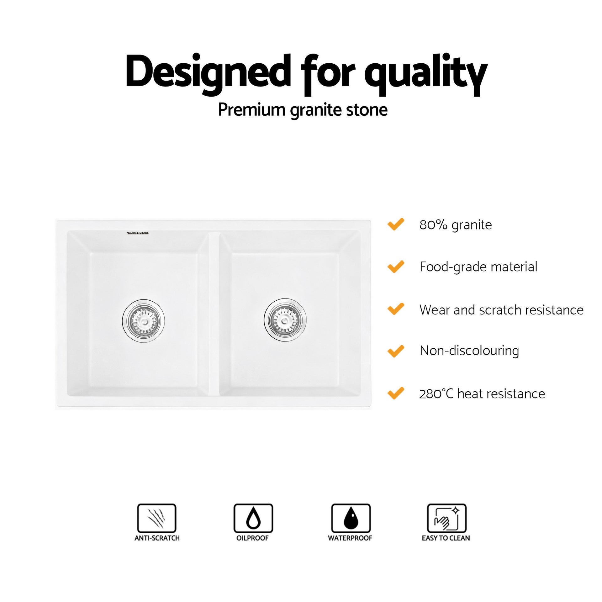 Cefito Kitchen Sink 77x45cm Granite Stone Sink Double Bowl White Awezingly