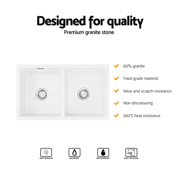 Cefito Kitchen Sink 77x45cm Granite Stone Sink Double Bowl White Awezingly