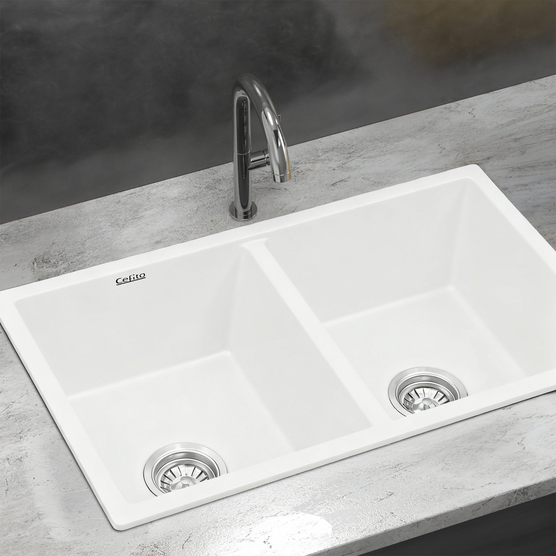 Cefito Kitchen Sink 77x45cm Granite Stone Sink Double Bowl White Awezingly
