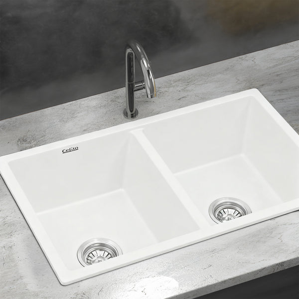 Cefito Kitchen Sink 77x45cm Granite Stone Sink Double Bowl White Awezingly
