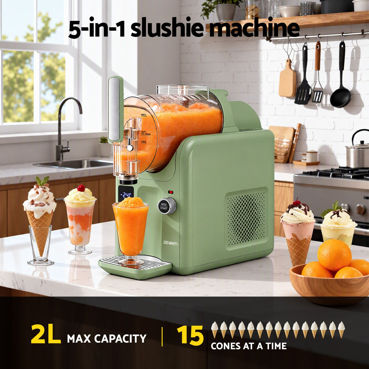 Devanti 5in1 Slushie Machine Ice Cream Maker 2L Sage Green Awezingly