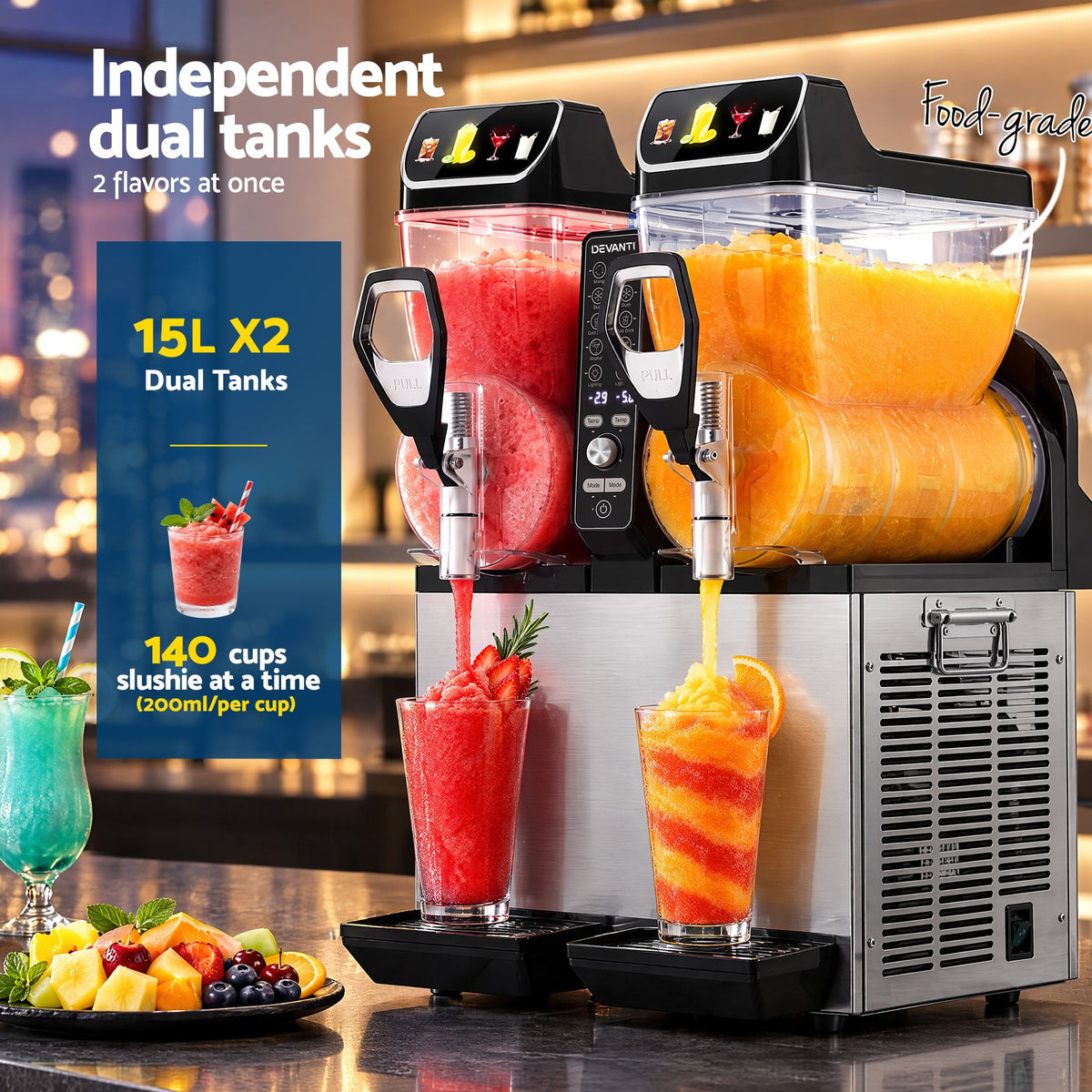 Devanti Commercial Slushie Machine 15L x2 Frozen Drink Maker Dual Tank Silver Awezingly