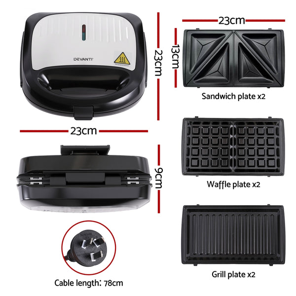 Devanti 3-in-1 Sandwich Press Waffle Maker Panini Press Grill 850W Awezingly