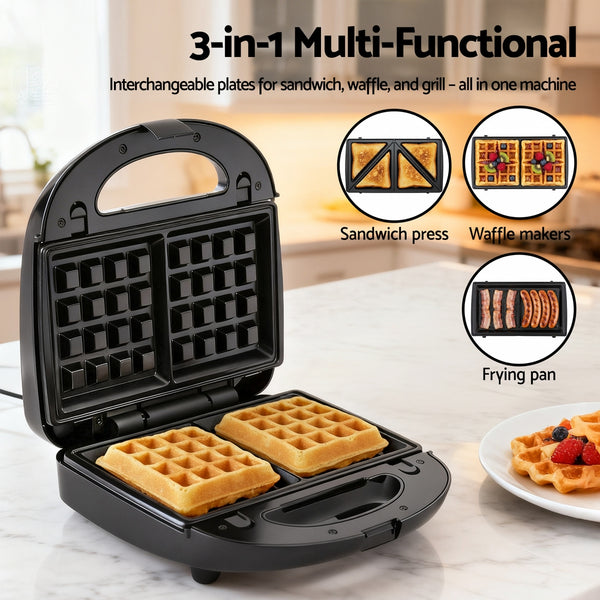 Devanti 3-in-1 Sandwich Press Waffle Maker Panini Press Grill 850W Awezingly