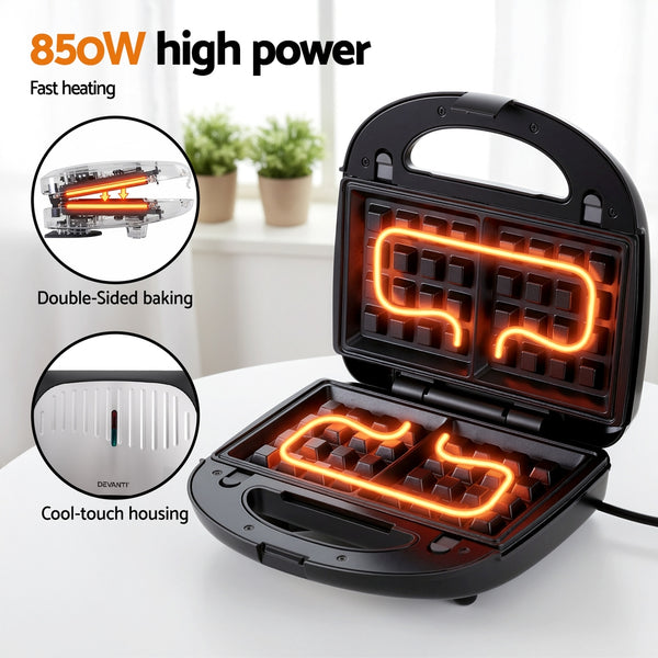 Devanti 3-in-1 Sandwich Press Waffle Maker Panini Press Grill 850W Awezingly