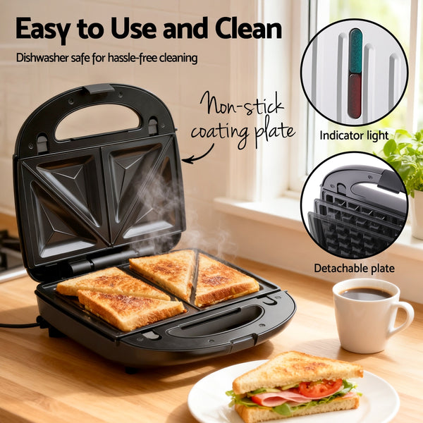 Devanti 3-in-1 Sandwich Press Waffle Maker Panini Press Grill 850W Awezingly