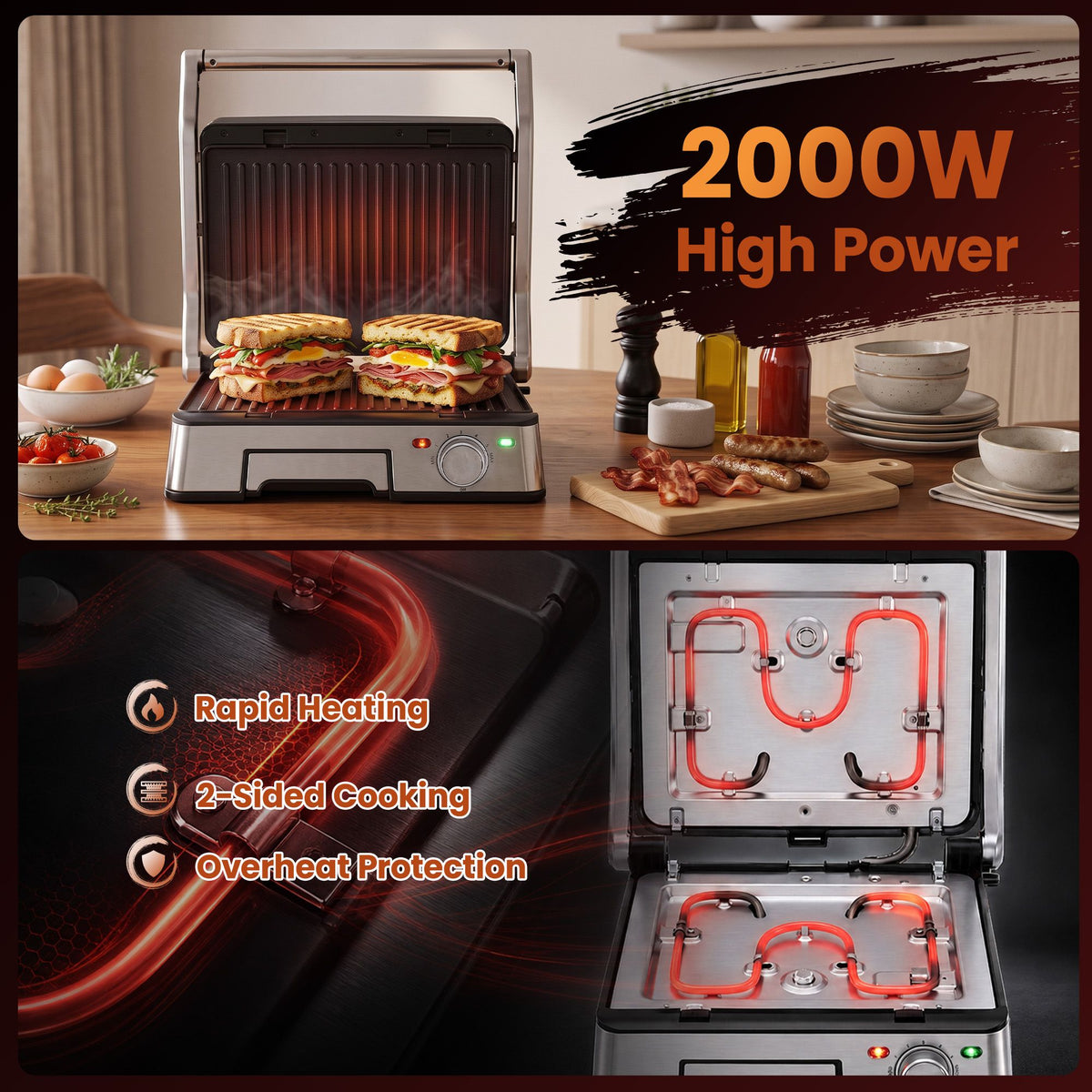 Devanti 2000W 3-in-1 Panini Press Grill Sandwich Maker 180° Open 4 Slice Awezingly