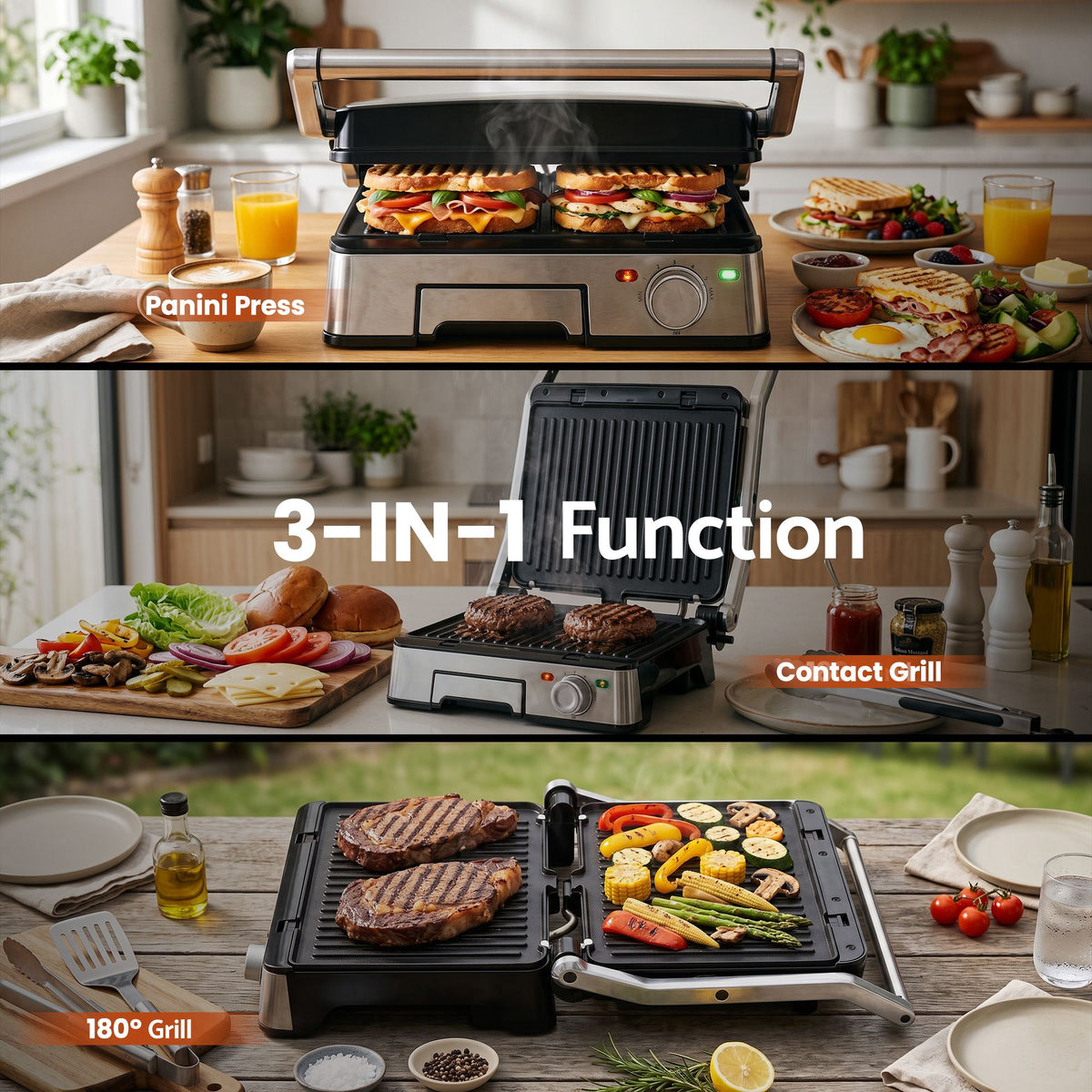 Devanti 2000W 3-in-1 Panini Press Grill Sandwich Maker 180° Open 4 Slice Awezingly