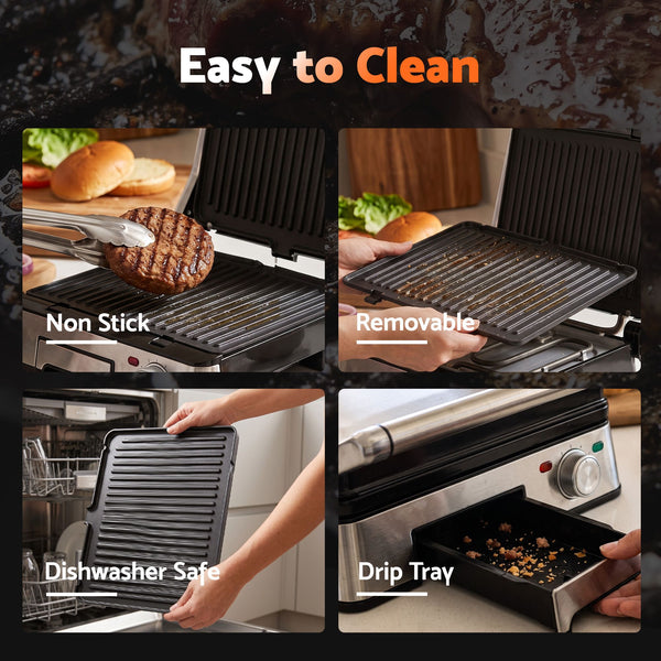 Devanti 2000W 3-in-1 Panini Press Grill Sandwich Maker 180° Open 4 Slice Awezingly