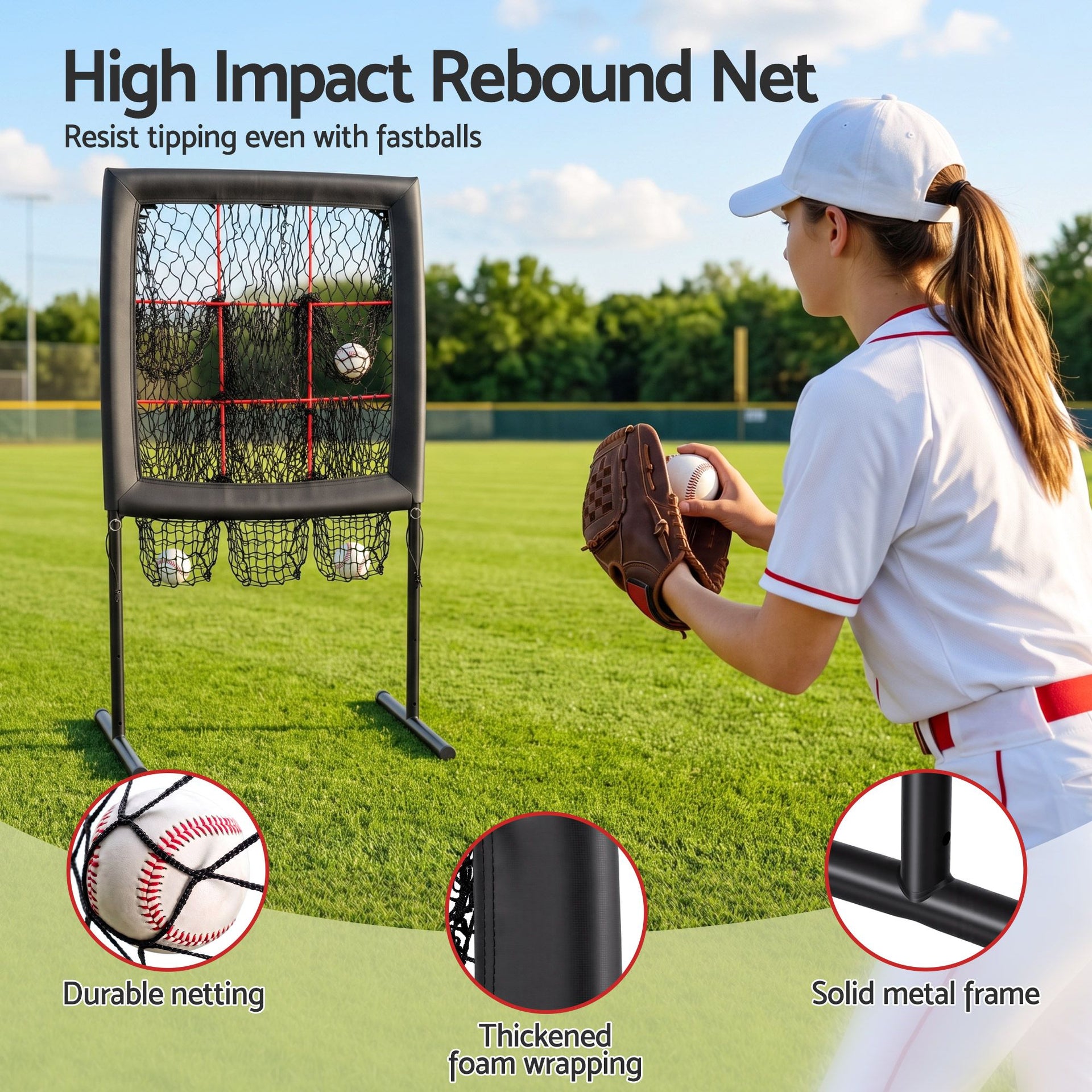 Everfit Baseball Pitching Net Training Target Softball Practice 9 Hole Black Awezingly