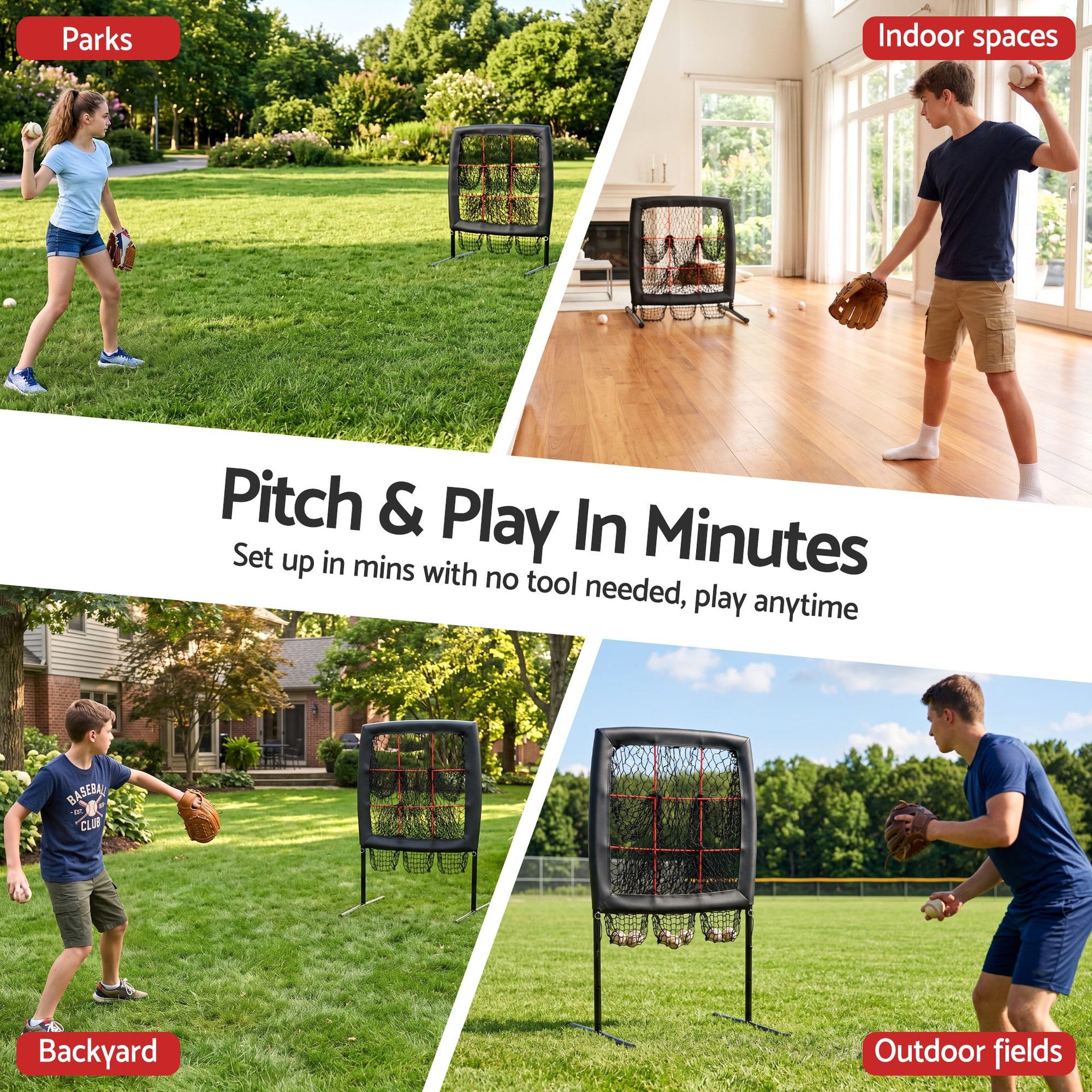 Everfit Baseball Pitching Net Training Target Softball Practice 9 Hole Black Awezingly