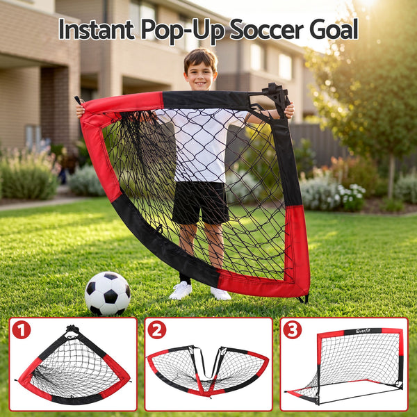 Everfit Pop Up Soccer Goal Nets Heavy Duty Portable Kids Training Set 2 Pcs Red Awezingly