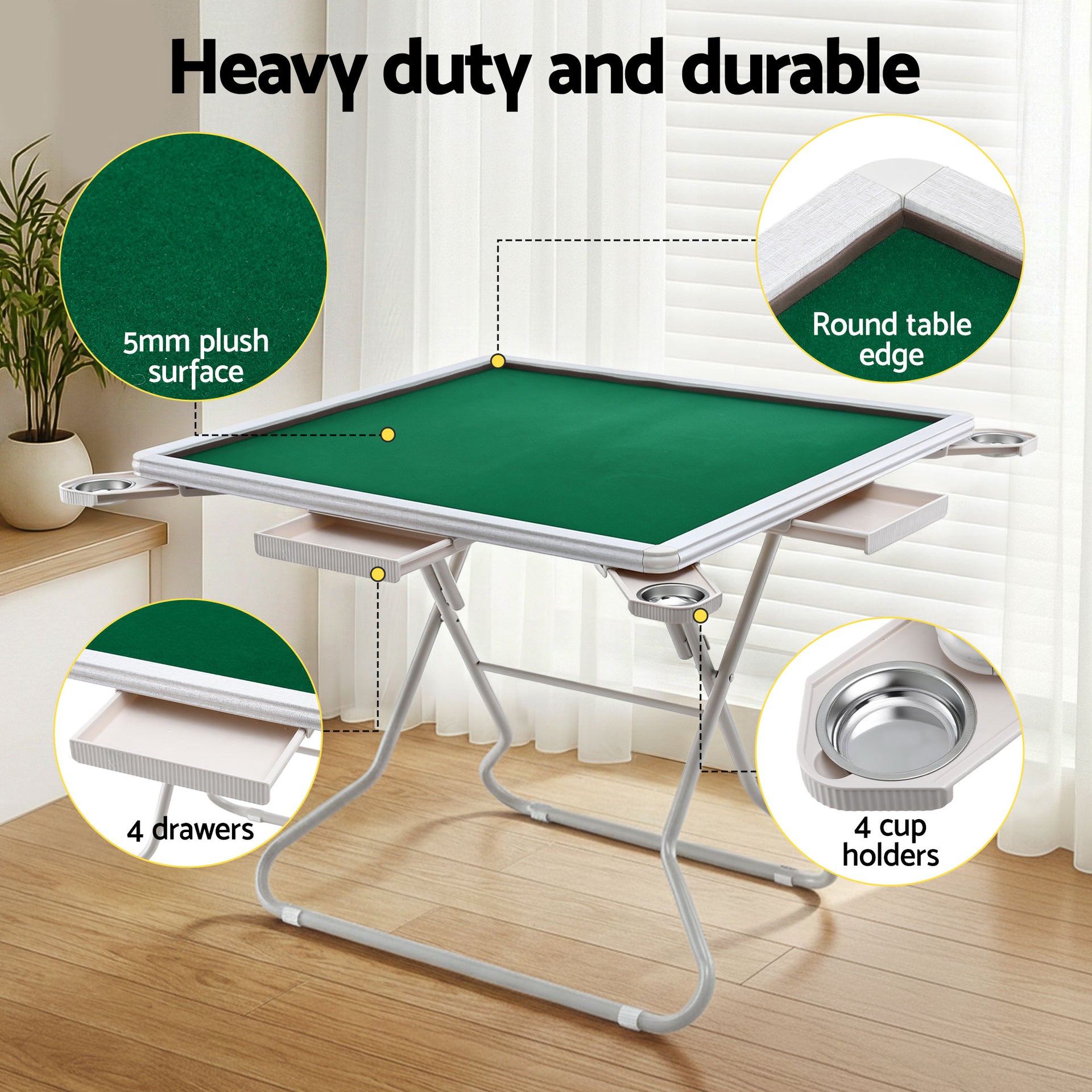 Folding Mahjong Table for Home with 4 Drawers and Cup Holders Green Unique