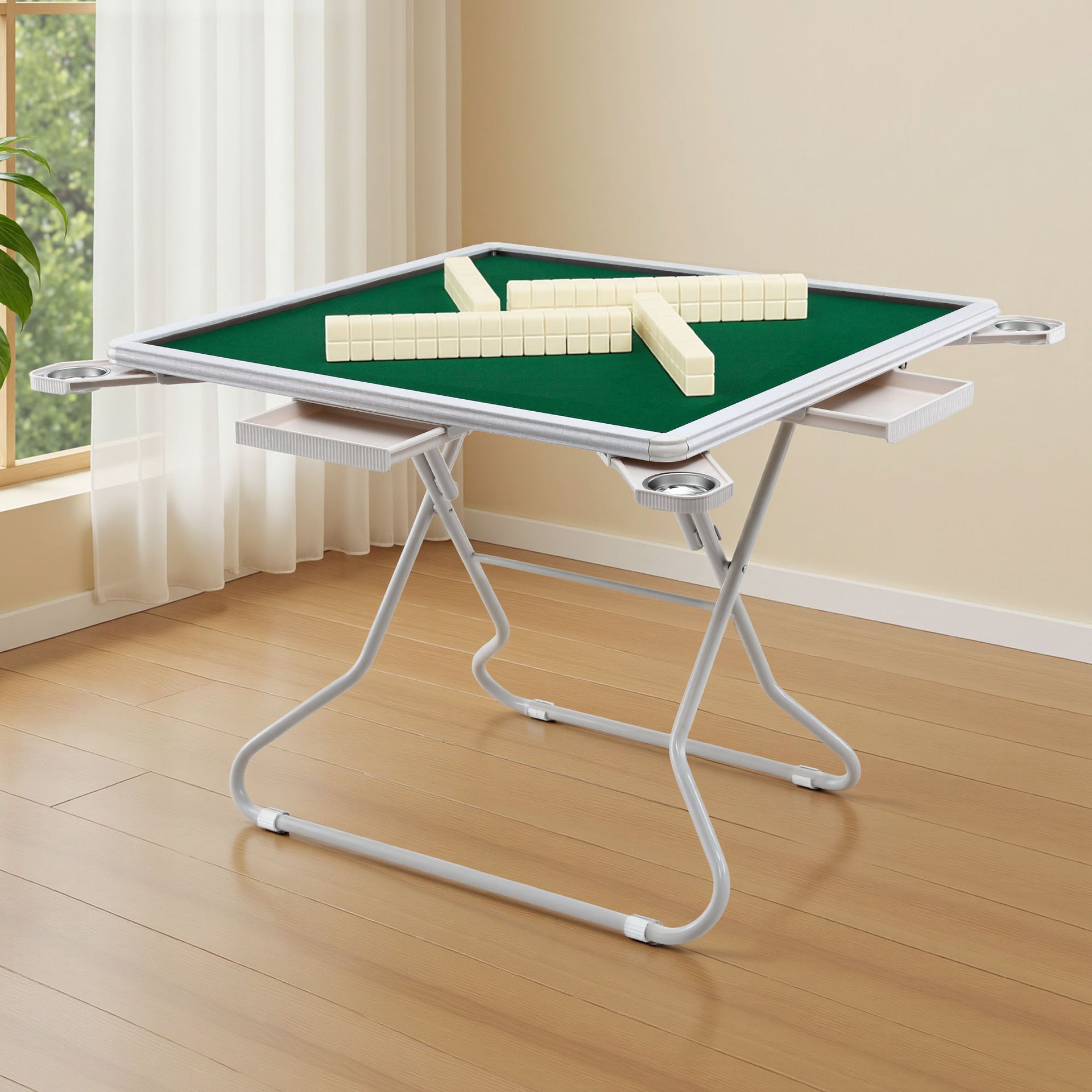 Folding Mahjong Table for Home with 4 Drawers and Cup Holders Green Unique