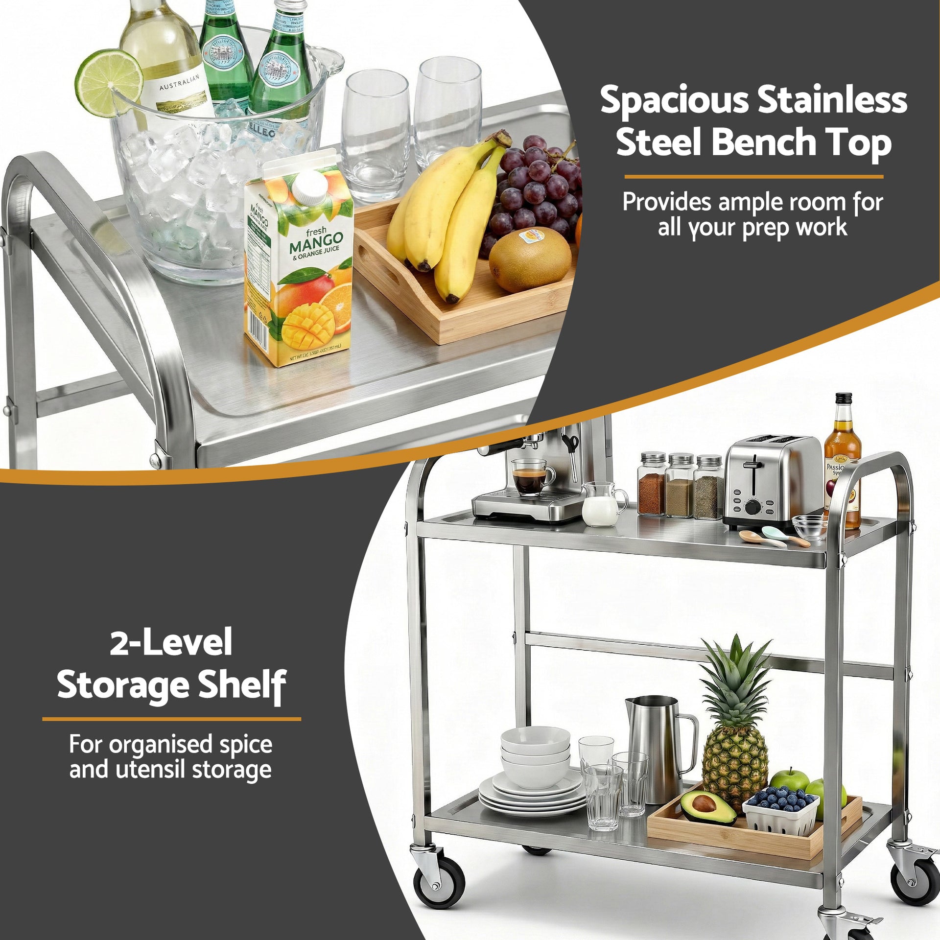 Cefito 2-Tier Stainless Steel Kitchen Trolley with Wheels 84x56x98cm Awezingly